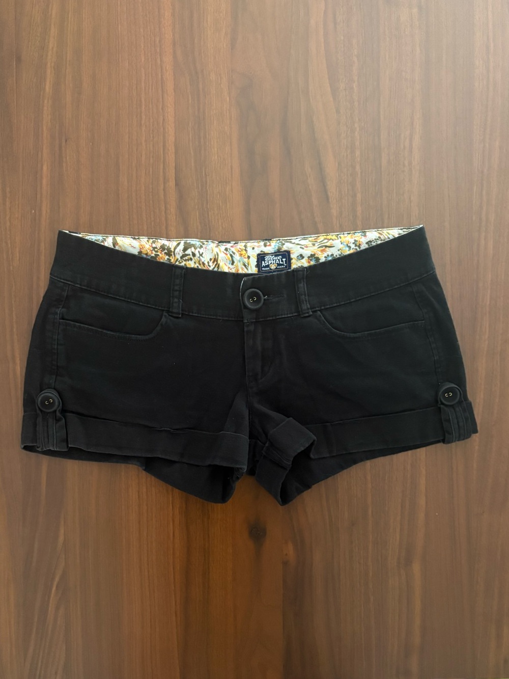 Classic Y2K low-rise black shorts by Blue Asphalt.